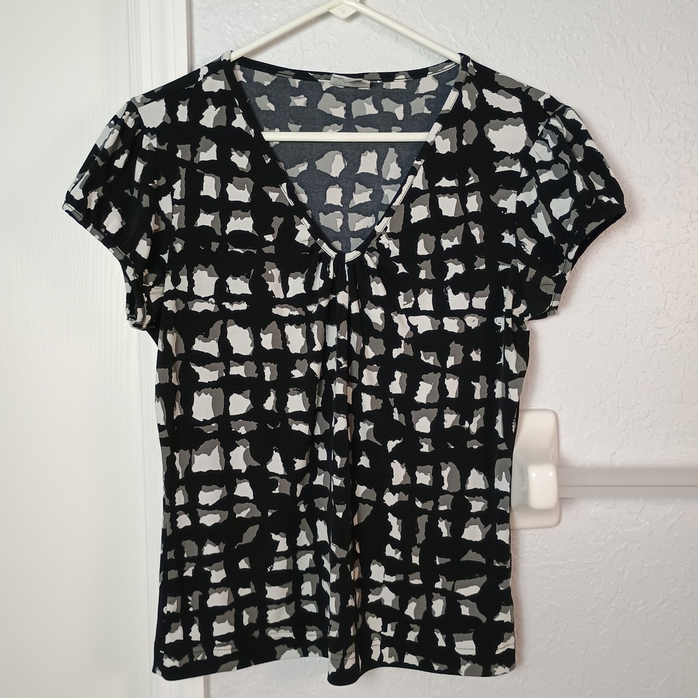 Worthington Stretch Short Sleeve Blouse Women's Size Large Black & White‎